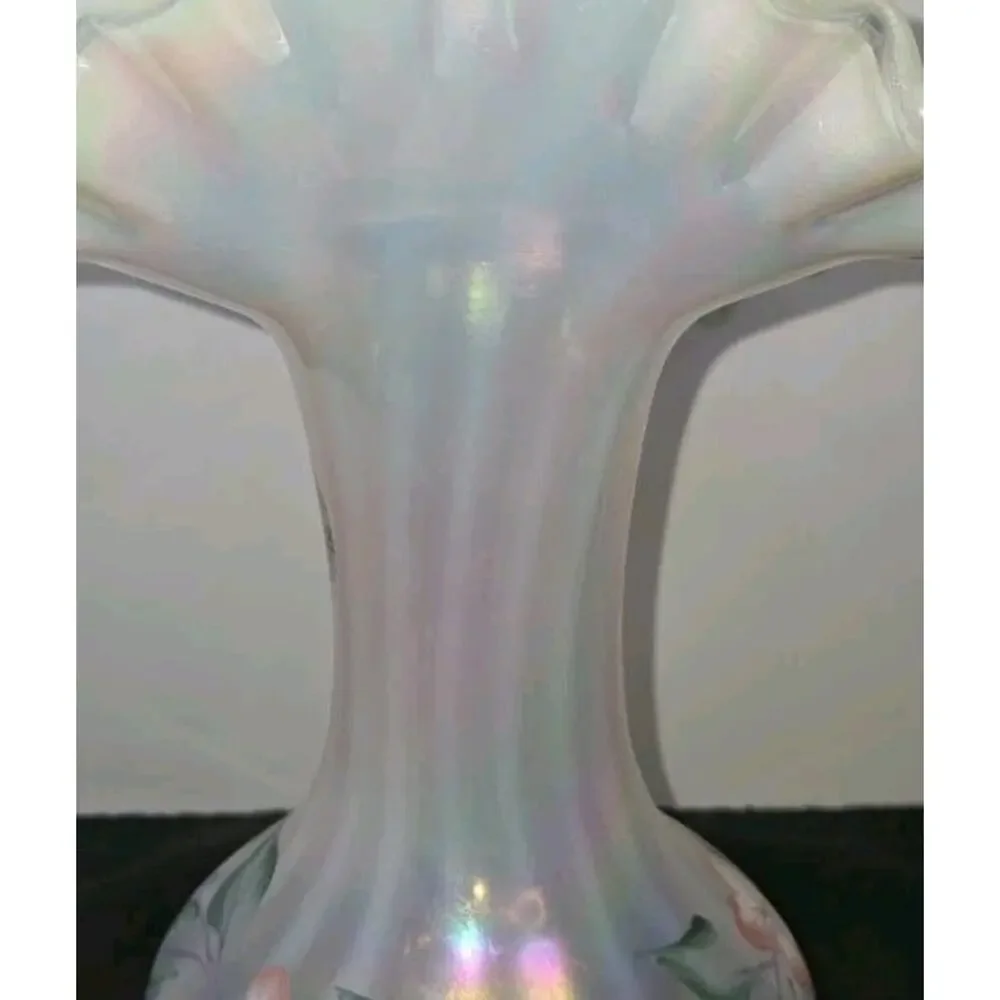 Vintage Fenton Hand-Painted Opalescent Ruffled Glass Floral Vase Signed
